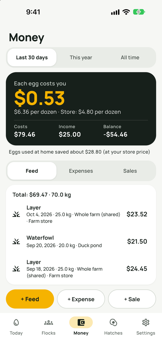 Money: cost per egg and balance