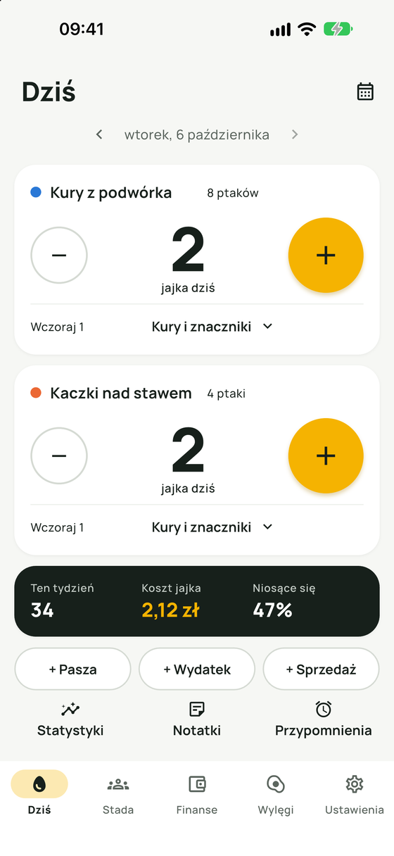 Ekran Dziś: liczniki jajek dla każdego stada z przyciskami plus i minus